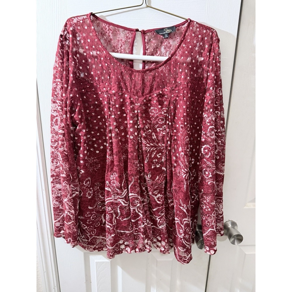 Suzanne Betro Red Floral Lace Blouse Top Pleated Dressy Event Holiday Church 3X